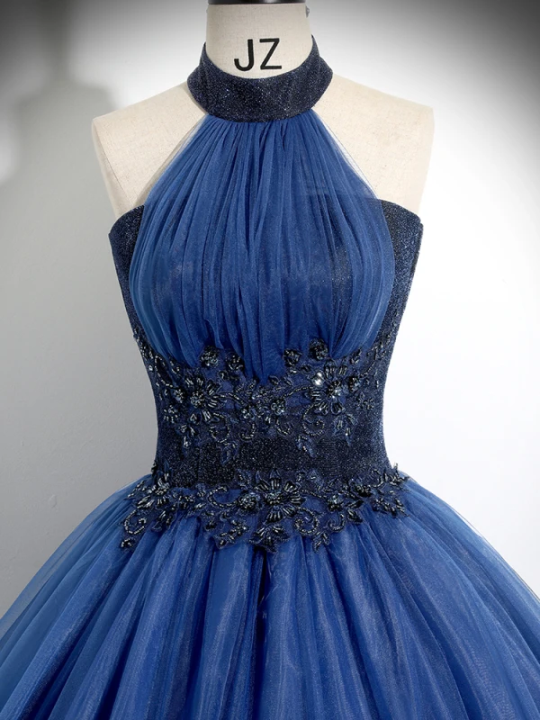 Vintage / Retro Navy Blue Beading Lace Flower Prom Dresses 2024 Ball Gown Halter Sleeveless Backless Floor-Length / Long Prom Formal Dresses