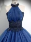 Vintage / Retro Navy Blue Beading Lace Flower Prom Dresses 2024 Ball Gown Halter Sleeveless Backless Floor-Length / Long Prom Formal Dresses