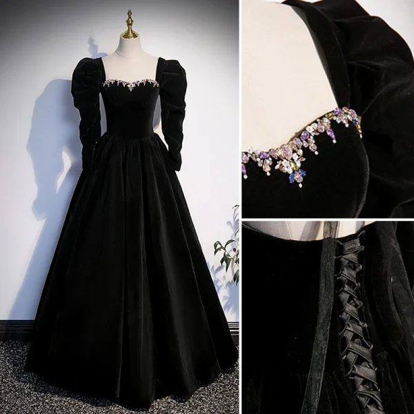 Elegant Black Fall Winter Suede Prom Dresses 2023 A-Line / Princess Strapless Rhinestone Long Sleeve Backless Floor-Length / Long Prom Formal Dresses