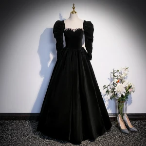 Élégant Noire Tomber Hiver Daim Robe De Bal 2023 Princesse Bustier Faux Diamant Manches Longues Dos Nu Longue Promo Robe De Ceremonie