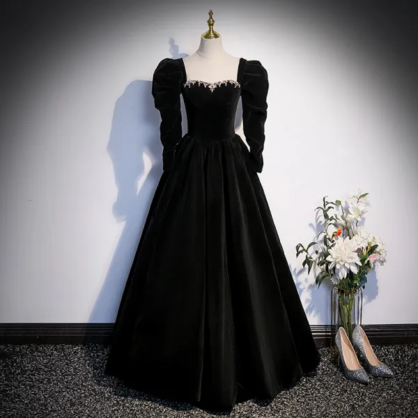 Elegant Black Fall Winter Suede Prom Dresses 2023 A-Line / Princess ...