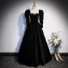 Elegant Black Fall Winter Suede Prom Dresses 2023 A-Line / Princess Strapless Rhinestone Long Sleeve Backless Floor-Length / Long Prom Formal Dresses