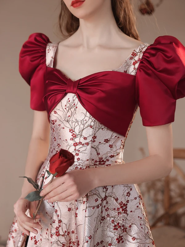 Fashion Burgundy Satin Printing Prom Dresses 2023 A-Line / Princess Square Neckline Bow Short Sleeve Backless Floor-Length / Long Prom Formal Dresses