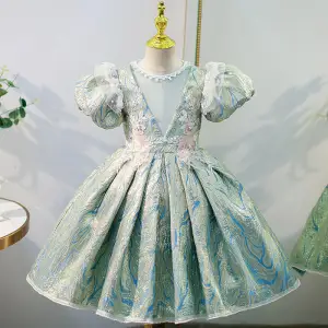 Modern Fashion Mint Green Pearl Sequins Lace Flower Birthday Flower Girl Dresses 2022 Ball Gown Puffy Short Sleeve Scoop Neck Floor Length Long Flower Girl Dresses