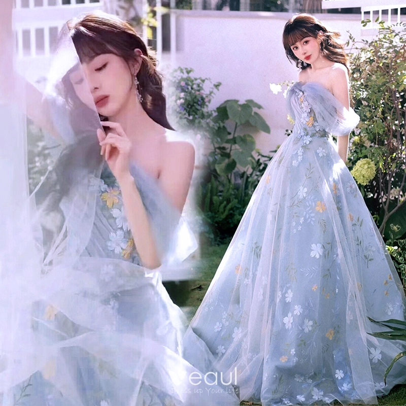 Off the Shoulder Floral A-line Gown, Newest Prom Dresses, 2023 Prom Dresses