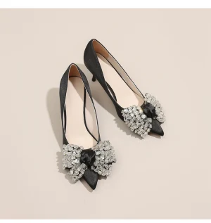 Chic Belle Noire Faux Diamant Noeud Escarpins Promo 2022 Cuir 6 Cm Talons Aiguilles À Bout Pointu Escarpins Talons Hauts
