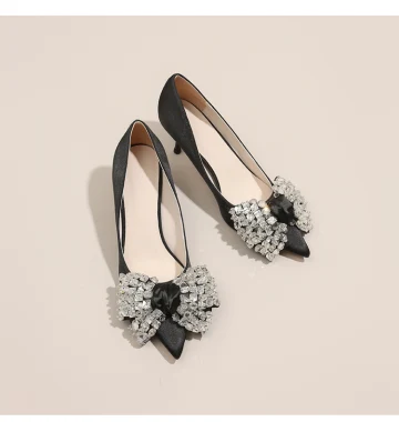 Chic Belle Noire Faux Diamant Noeud Escarpins Promo 2022 Cuir 6 Cm Talons Aiguilles À Bout Pointu Escarpins Talons Hauts