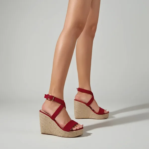 Schöne Schwarz Strassenmode Flechten Sandalen Damen 2022 Knöchelriemen 11 cm Keilabsatz Peeptoes Sandaletten