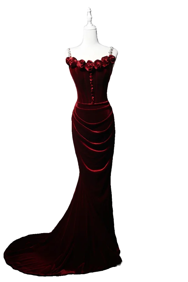 Sexy Burgundy Velvet Rhinestone Flower Evening Dresses 2024 Trumpet / Mermaid Spaghetti Straps Sleeveless Backless Sweep Train Evening Party Formal Dresses