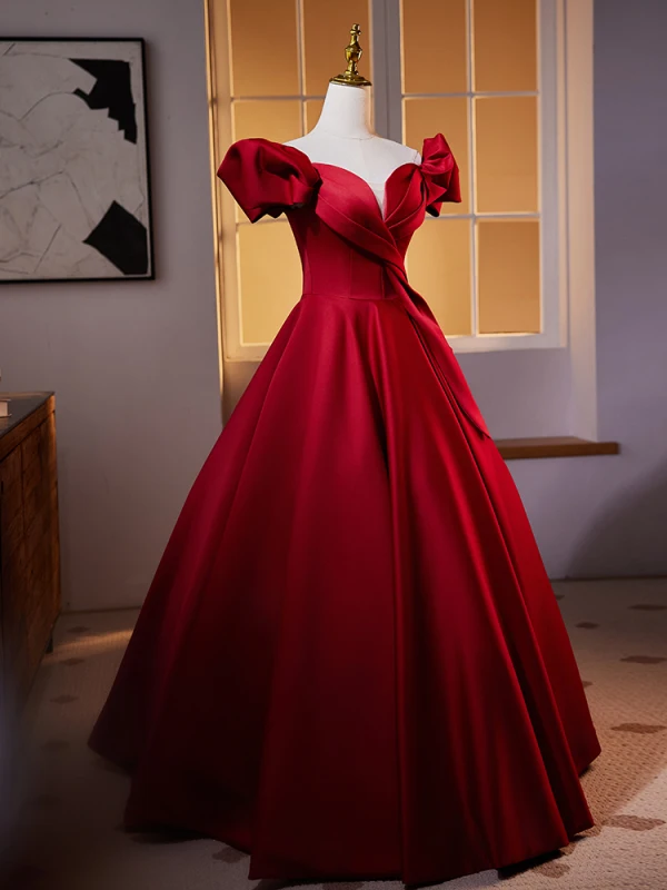 Elegant Burgundy Prom Dresses 2024 Ball Gown Off-The-Shoulder Puffy Short Sleeve Backless Floor-Length / Long Prom Formal Dresses