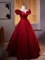 Elegant Burgundy Prom Dresses 2024 Ball Gown Off-The-Shoulder Puffy Short Sleeve Backless Floor-Length / Long Prom Formal Dresses