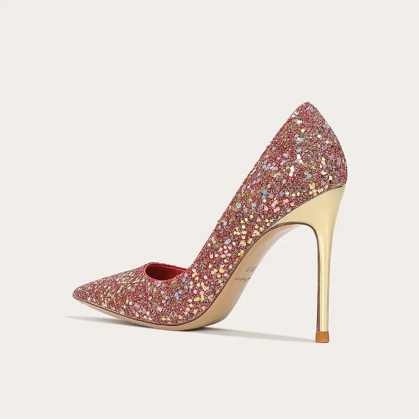 Sexy Multifarben Pailletten Leder Rot Brautschuhe 2023 10 cm Stilettos Spitzschuh Hochzeit Pumps Hochhackige