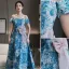 Fancy Ocean Blue Printing Prom Dresses 2022 A-Line / Princess Off-The-Shoulder Short Sleeve Backless Bow Floor-Length / Long Formal Dresses