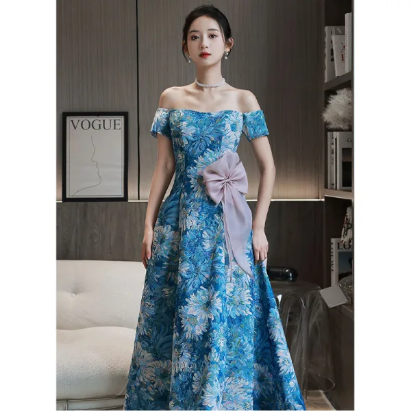 Fancy Ocean Blue Printing Prom Dresses 2022 A-Line / Princess Off-The-Shoulder Short Sleeve Backless Bow Floor-Length / Long Formal Dresses