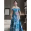 Fancy Ocean Blue Printing Prom Dresses 2022 A-Line / Princess Off-The-Shoulder Short Sleeve Backless Bow Floor-Length / Long Formal Dresses
