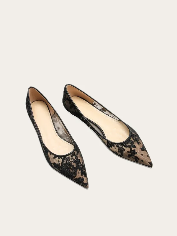 Vintage / Retro Chinese style Lace Embroidered Flat Black Prom Womens Shoes 2024 Tulle Pointed Toe Heels