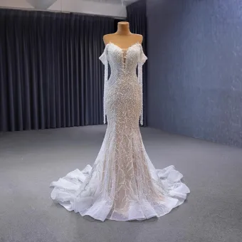 Luxury Gorgeous Sexy White Handmade Beading Sequins Pearl Tassel Wedding Dresses 2023 Off The Shoulder Trumpet Mermaid Sleeveless Backless Sweep Train