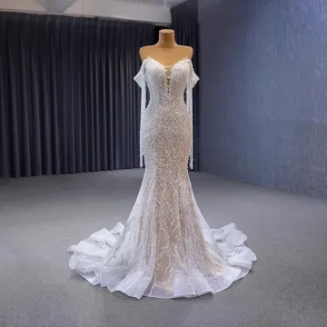 Luxury Gorgeous Sexy White Handmade Beading Sequins Pearl Tassel Wedding Dresses 2023 Off The Shoulder Trumpet Mermaid Sleeveless Backless Sweep Train