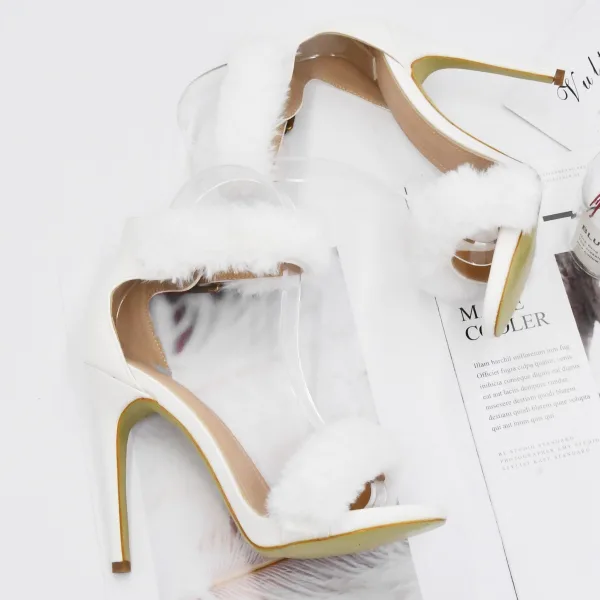 Sexy White Plush Wedding Shoes 2022 Leather 11 cm Stiletto Heels Open / Peep Toe Sandals High Heels