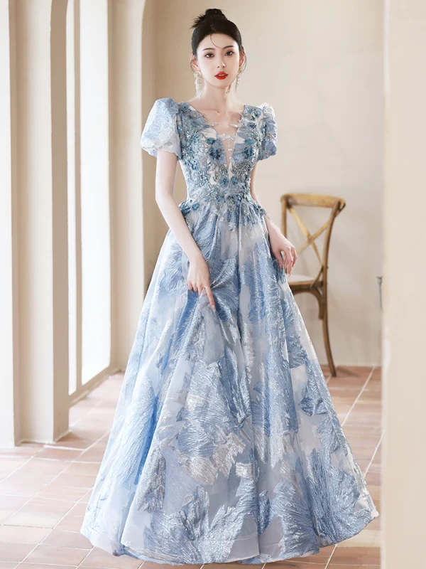 Mode Charmant Bleu Ciel Perlage Perle Paillettes En Dentelle Fleur Robe De Bal 2023 Princesse V-Cou Manches Courtes Dos Nu Longue