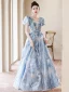 Mode Charmant Bleu Ciel Perlage Perle Paillettes En Dentelle Fleur Robe De Bal 2023 Princesse V-Cou Manches Courtes Dos Nu Longue