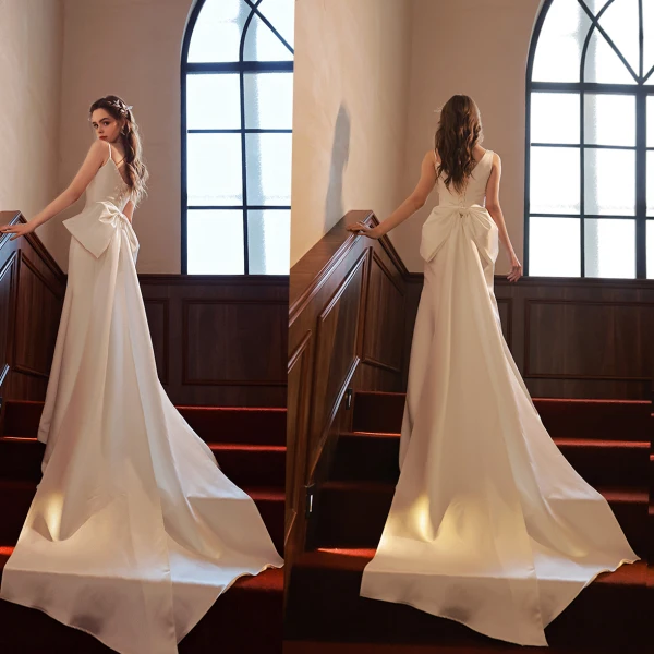Schlicht Mode Ivory / Creme Satin Brautkleider / Hochzeitskleider 2022 Meerjungfrau Spaghettiträger Ärmellos Rückenfreies Schleife Hof-Schleppe Hochzeit