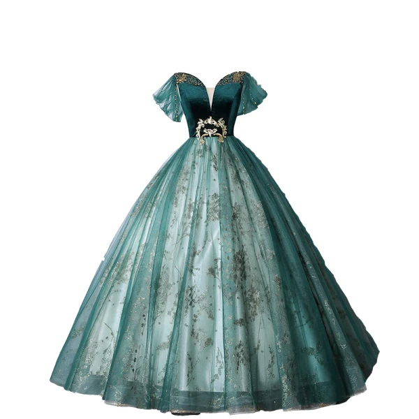 Elegant Dark Green Beading Sequins Prom Dresses 2023 Ball Gown Off-The-Shoulder Short Sleeve Backless Floor-Length / Long Prom Formal Dresses
