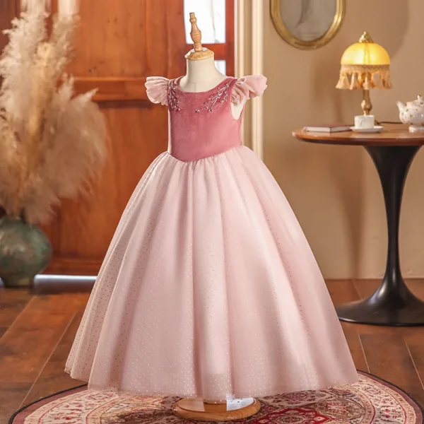 Modest / Simple Blushing Pink Beading Birthday Flower Girl Dresses 2024 Ball Gown Scoop Neck Cap Sleeves Floor-Length / Long Tulle