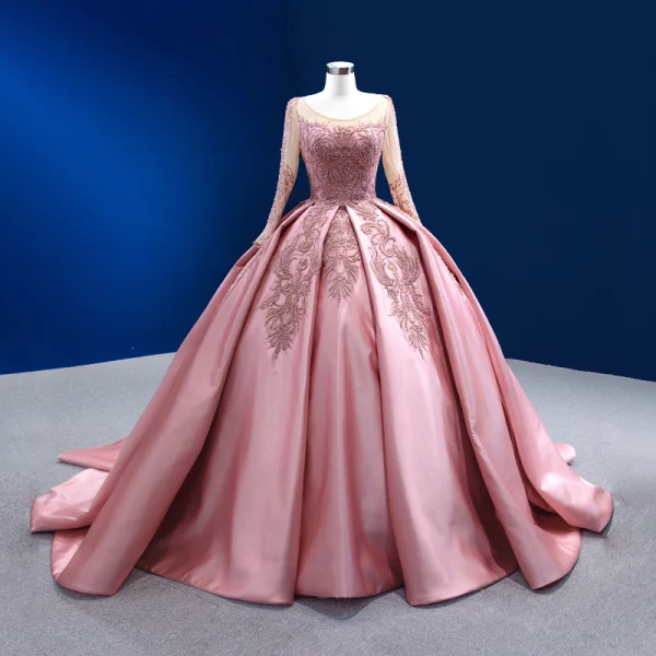 High-end Vintage / Retro Candy Pink Beading Pearl Sequins Prom Dresses 2022 Satin Ball Gown Scoop Neck Long Sleeve Backless Court Train Prom Formal Dresses