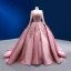 High-end Vintage / Retro Candy Pink Beading Pearl Sequins Prom Dresses 2022 Satin Ball Gown Scoop Neck Long Sleeve Backless Court Train Prom Formal Dresses
