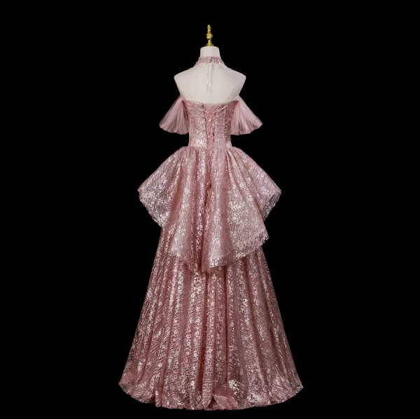 Glitzernden Sexy Pink Perlenstickerei Strass Pailletten Abendkleider 2025 A Linie Off Shoulder Kurze Ärmel Rückenfreies Lange Festliche Kleider