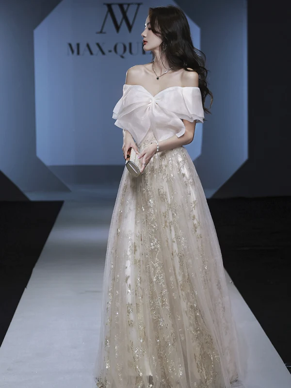 Glitzernden Sexy Champagner Pailletten Abendkleider 2023 A Linie Off Shoulder Schleife Kurze Ärmel Rückenfreies Lange Abend Festliche Kleider