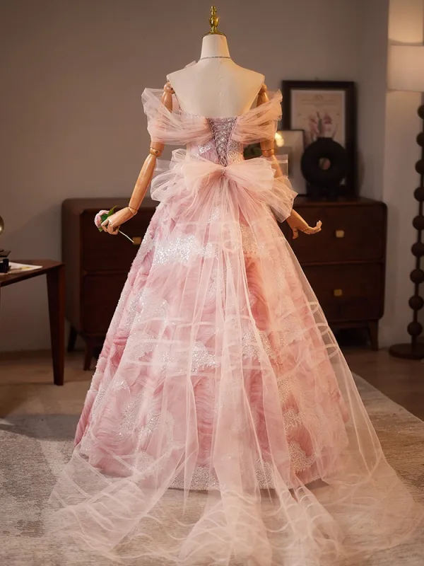Fashion Blushing Pink Bow Printing Prom Dresses 2025 Ball Gown Off-The-Shoulder Short Sleeve Backless Floor-Length / Long Prom Formal Dresses