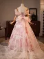 Fashion Blushing Pink Bow Printing Prom Dresses 2025 Ball Gown Off-The-Shoulder Short Sleeve Backless Floor-Length / Long Prom Formal Dresses