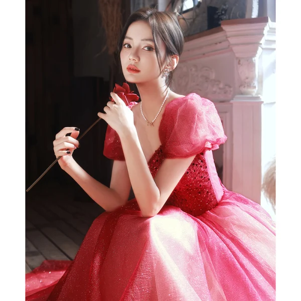 Chic / Belle Bordeaux Glitter Paillettes Robe De Bal 2022 Princesse Encolure Carrée Gonflée Manches Courtes Dos Nu Longue Promo Robe De Ceremonie