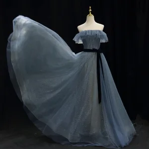 Chic Belle Océan Bleu Glitter Noeud Ceinture Robe De Bal 2025 Princesse Bustier Sans Manches Dos Nu Longue Promo Robe De Ceremonie