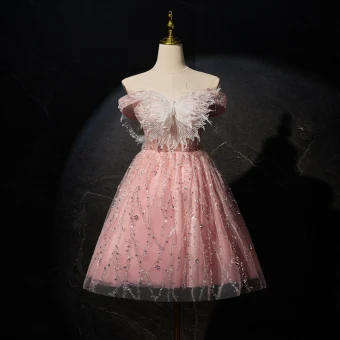 Sexy Charmant Rougissant Rose Perlage Perle Papillon Paillettes Anniversaire Robe De Fête 2024 Princesse De L Épaule Sans Manches Dos Nu Courte