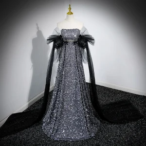 Scintillantes Noire Paillettes Robe De Bal 2024 Princesse Bustier Manches Courtes Dos Nu Longue Promo Robe De Ceremonie