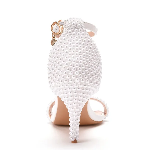 Sexy White Pearl Wedding Shoes 2023 Ankle Strap 7 cm Stiletto Heels Open / Peep Toe Wedding Sandals High Heels