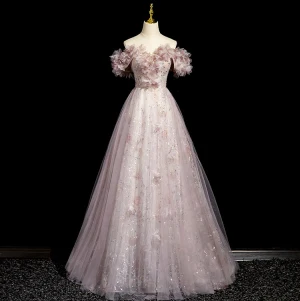 Élégant Rougissant Rose Appliques Paillettes Robe De Bal 2024 Princesse De L Épaule Manches Courtes Dos Nu Longue Promo Robe De Ceremonie