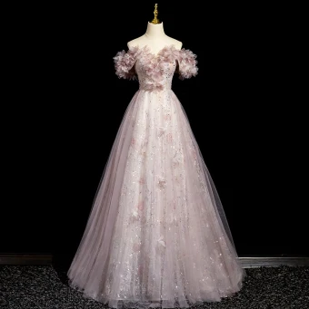 Elegant Blushing Pink Appliques Sequins Prom Dresses 2024 A Line Princess Off The Shoulder Short Sleeve Backless Floor Length Long Prom Formal Dresses