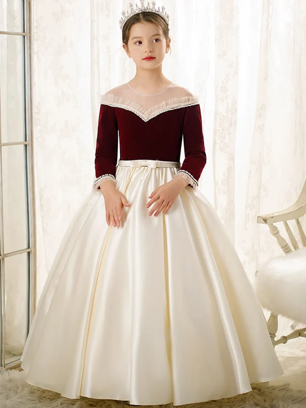 Elegant Burgundy Satin Birthday Flower Girl Dresses 2022 Ball Gown Pearl Scoop Neck Sash Bow Long Sleeve Floor-Length / Long Flower Girl Dresses