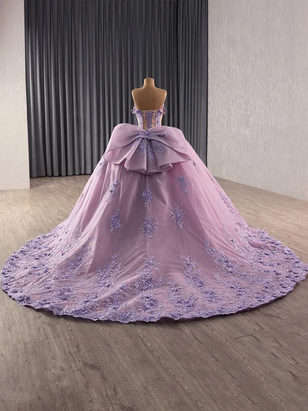 High-end Lilla Håndlavet Med Blonder Blomsten Perle Rhinestone Gallakjoler 2025 Balkjole Stropløs Ærmeløs Halterneck Sløjfe Cathedral Train