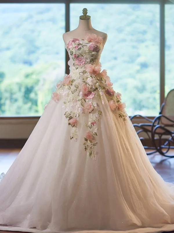 Flower Fairy White Lace Flower Appliques Wedding Dresses 2024 Ball Gown Strapless Sleeveless Backless Crossed Straps Court Train Wedding