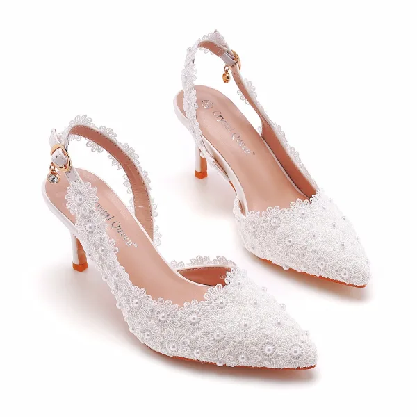 Chic / Belle Blanche Perle En Dentelle Fleur Chaussure De Mariée 2022 7 cm Talons Aiguilles À Bout Pointu Mariage Sandales Talons Hauts