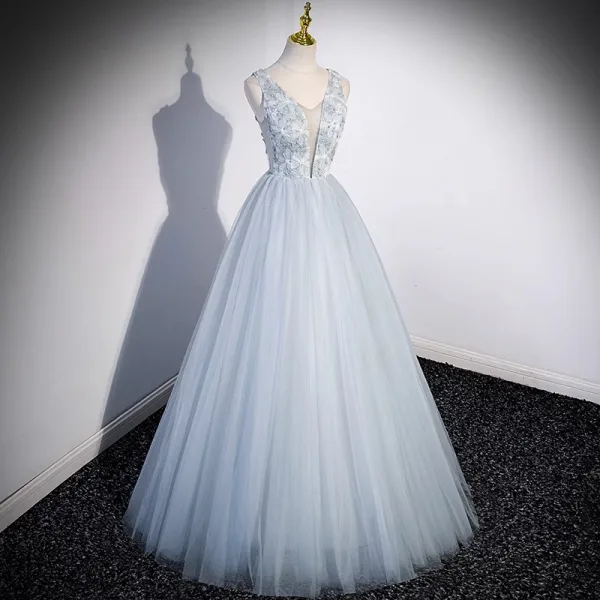 Elegant Sky Blue Beading Printing Prom Dresses 2023 A-Line / Princess V-Neck Sleeveless Backless Floor-Length / Long Prom Formal Dresses
