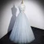 Elegant Sky Blue Beading Printing Prom Dresses 2023 A-Line / Princess V-Neck Sleeveless Backless Floor-Length / Long Prom Formal Dresses