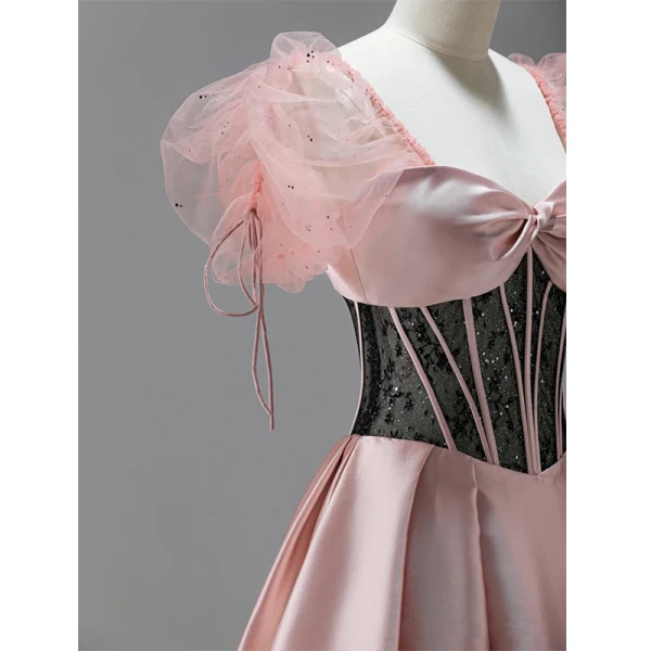 Élégant Rougissant Rose Robe De Bal 2022 Princesse Encolure Carrée Gonflée Manches Courtes Noeud Dos Nu Longue Promo Robe De Ceremonie
