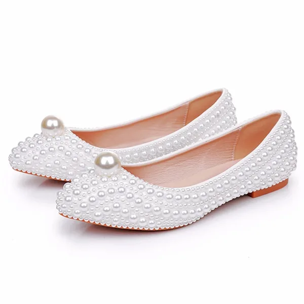 Chic / Beautiful White Pearl Flat Wedding Shoes 2025 Pointed Toe Wedding Heels