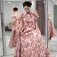 Chic / Beautiful Burgundy Floral Pearl Evening Dresses 2022 A-Line / Princess High Neck Backless Short Sleeve Floor-Length / Long Evening Party Formal Dresses